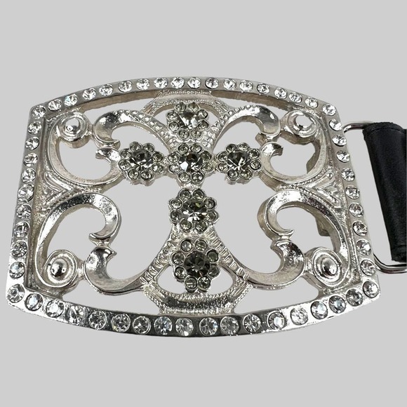 Bebe Cross Buckle Black Leather Belt Rhinestone Studded Women's Size S/M - Picture 12 of 14